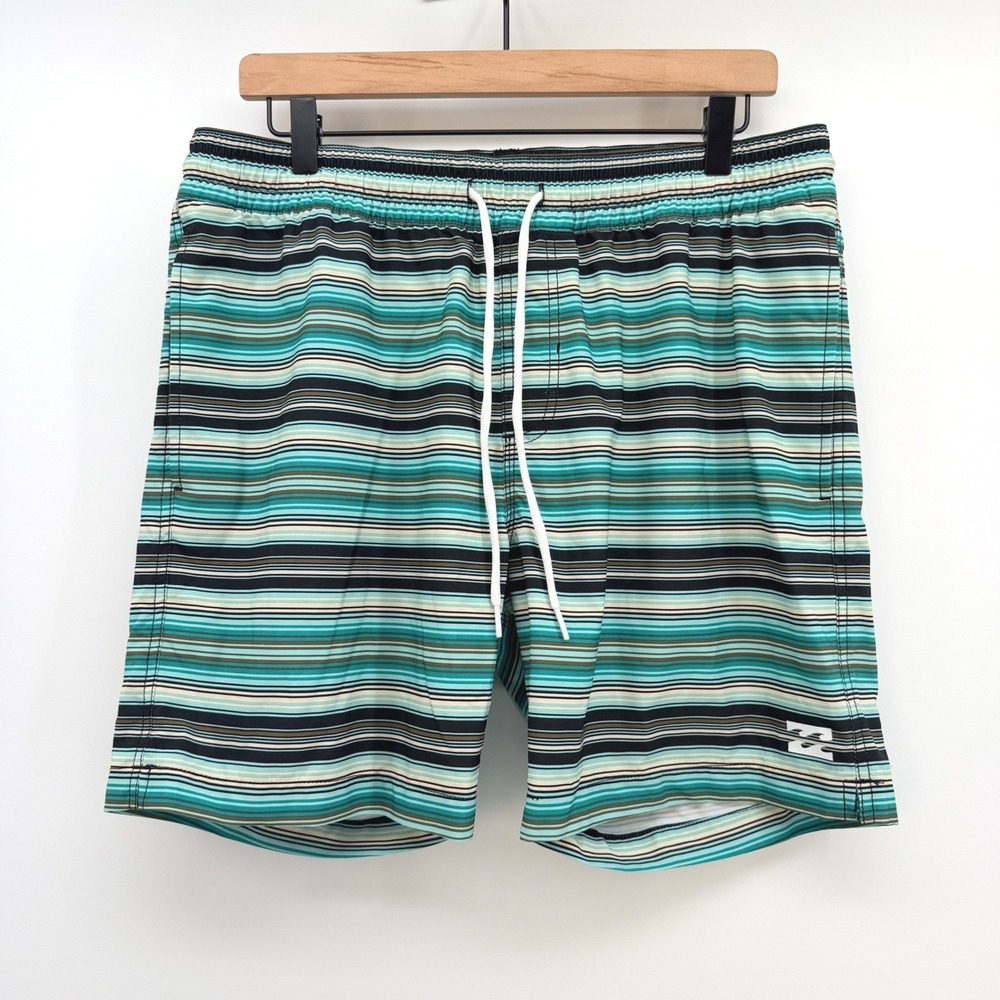 Billabong Board Shorts Mens L Teal Striped Elastic Waist Swim Trunks Surf Beach